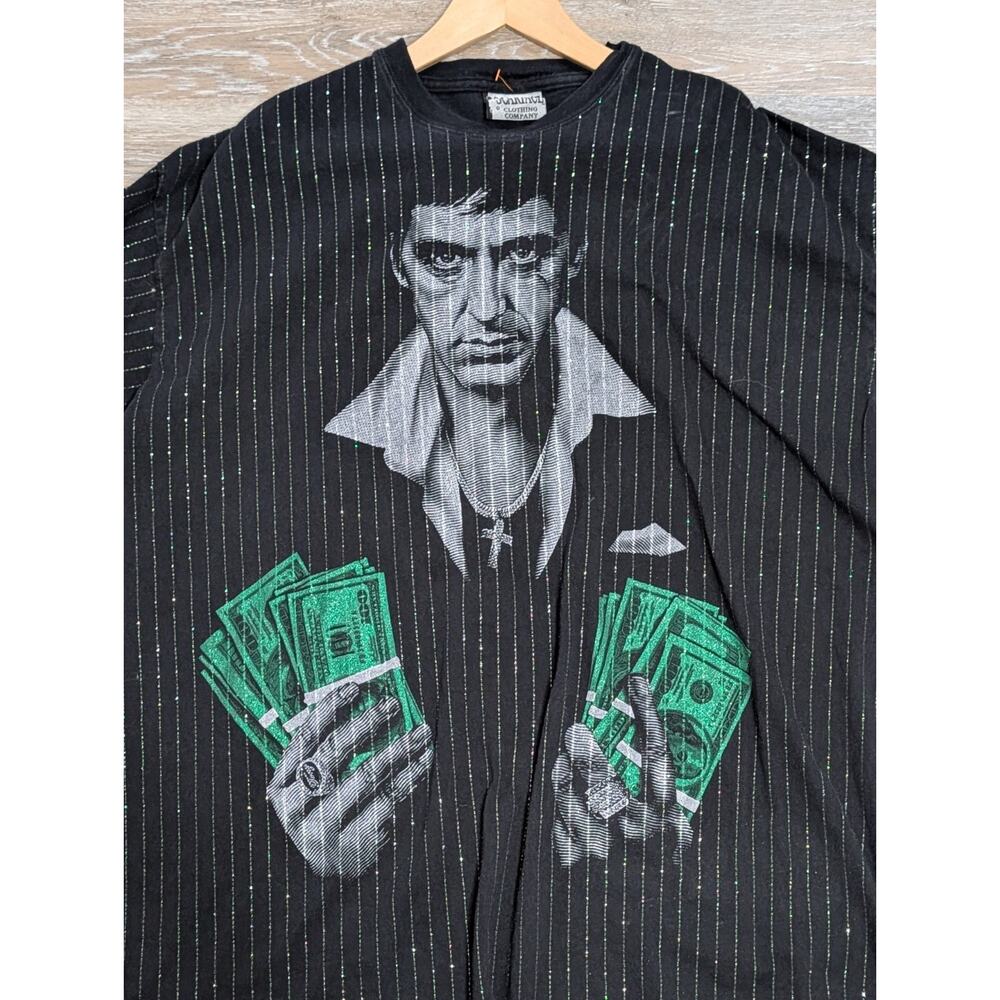 VTG Scarface Clothing Co Shirt 3XL Tony Montana Money Pinstripe Glitter Graphic